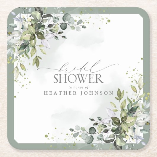 ユーカエレガントリグリーン植物ブライダルシャワー スクエアペーパーコースター (正面)