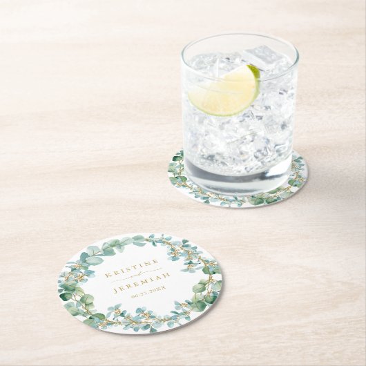 ユーカエレガントリ·グリーンリーリース金ゴールド結婚ズ ラウンドペーパーコースター (インサイチュ)
