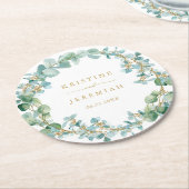 ユーカエレガントリ·グリーンリーリース金ゴールド結婚ズ ラウンドペーパーコースター (アングル)