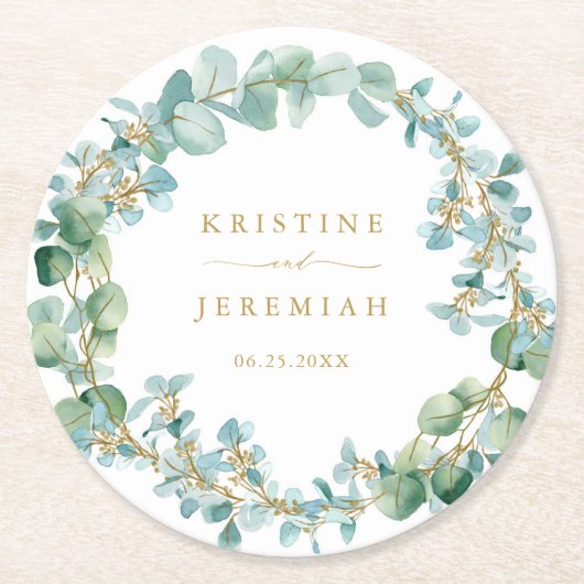 ユーカエレガントリ·グリーンリーリース金ゴールド結婚ズ ラウンドペーパーコースター (正面)