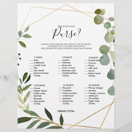 ユーカリあなたの財布のブライダルシャワーゲームの中に何がある (正面)