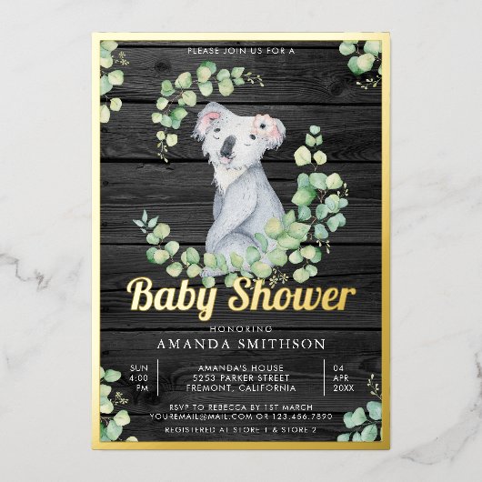 ユーカリかわいいコアラベアーウッドベビーシャワー金ゴールド 箔招待状 (正面)