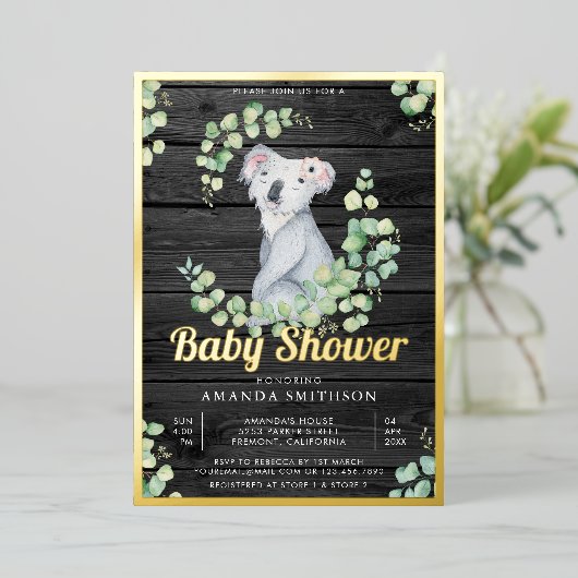 ユーカリかわいいコアラベアーウッドベビーシャワー金ゴールド 箔招待状 (立ち正面)