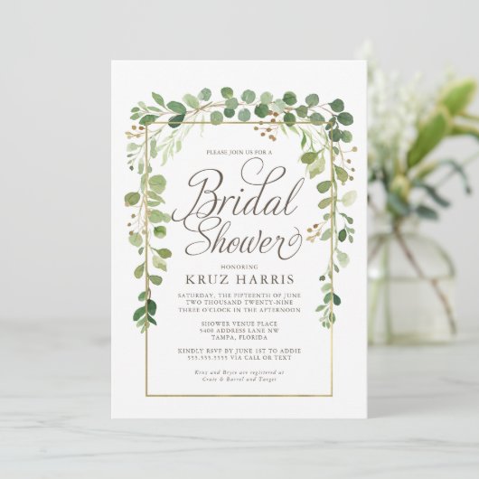 ユーカリかわいらしプスグリーンつる植物ブライダルシャワーインビ 招待状 (スタンド正面)
