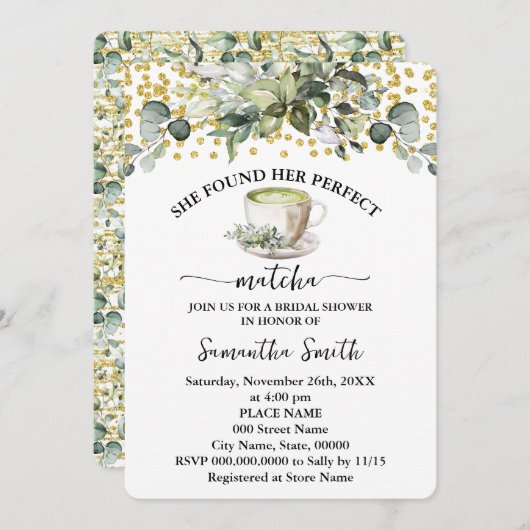 ユーカリが彼女の完璧な抹茶ブライダルシャワー 招待状 (正面/裏面)