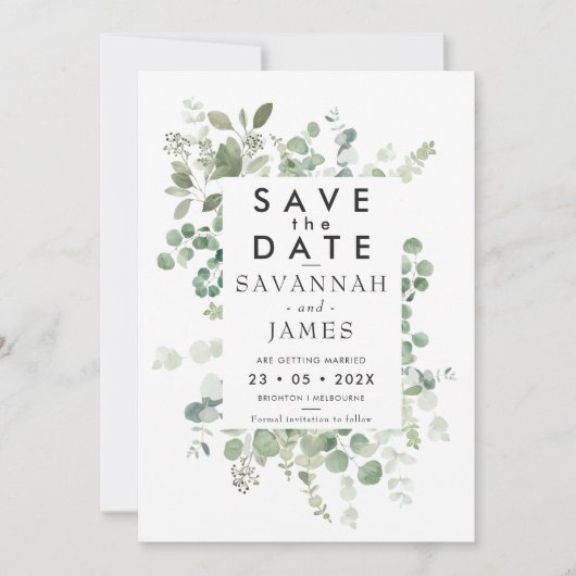 ユーカリが緑の結婚式を挙げ、日付を救う 招待状 (正面)