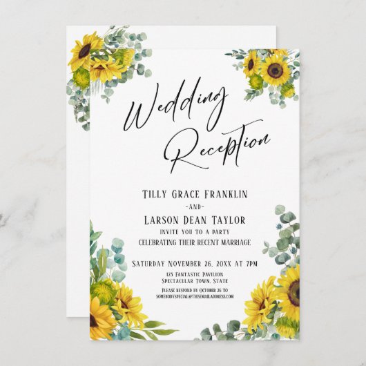 ユーカリとひまわりの手書き結婚式招待状 招待状 (正面/裏面)