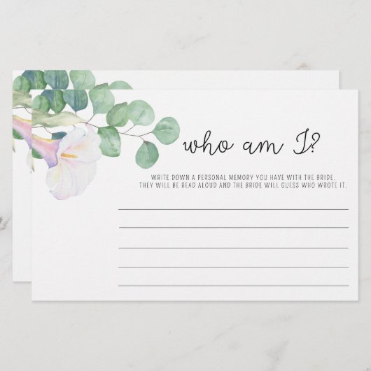 ユーカリとカラ – 誰が私のブライダルシャワーゲーム 便箋 (正面/裏面)