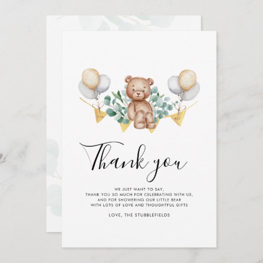 ユーカリとクマ素朴クマのベビーシャワー サンキューカード (正面/裏面)