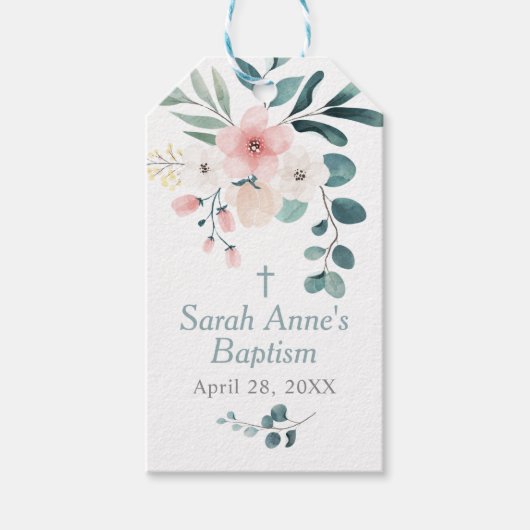 ユーカリとコーラルピンクの花の洗礼 ギフトタグ (正面)