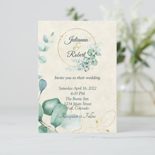 ユーカリとゴールドの予算ウェディング 招待状 (スタンド正面)