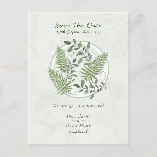 ユーカリとシダのリングや輪、日付を結婚保存 ポストカード (正面)