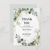 ユーカリとセージのグリーンを使ったモダンな幾何学ウェディング サンキューカード (正面/裏面)