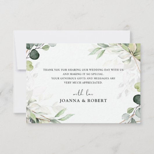 ユーカリとセージのグリーンを使ったモダンな幾何学ウェディング サンキューカード (裏面)