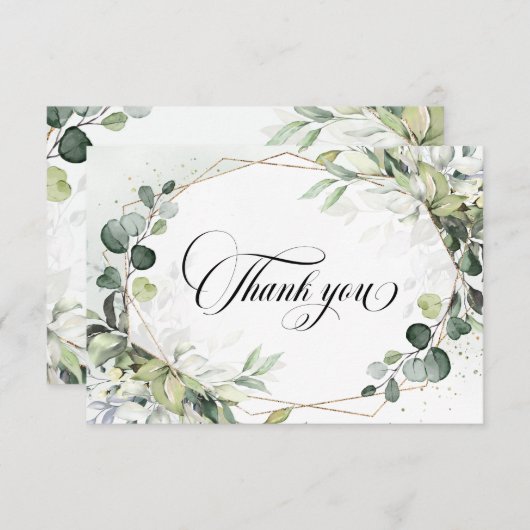 ユーカリとセージのグリーンを使ったモダンな幾何学ウェディング サンキューカード (正面/裏面)