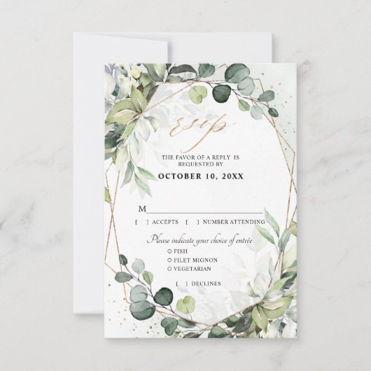 ユーカリとセージのグリーンを使ったモダンな幾何学ウェディング 出欠カード (正面)