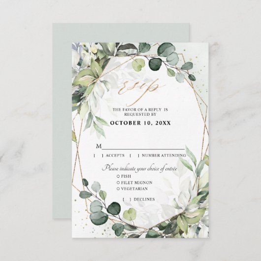 ユーカリとセージのグリーンを使ったモダンな幾何学ウェディング 出欠カード (正面/裏面)