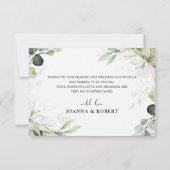 ユーカリとセージのグリーンを使ったモダンな幾何学模様のウェディング サンキューカード (裏面)