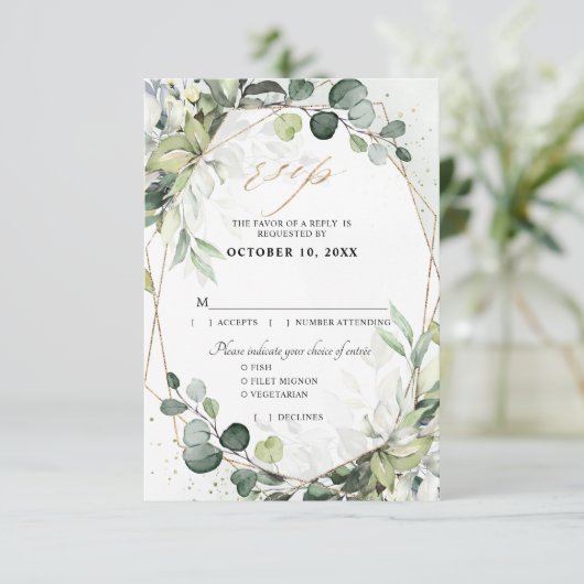 ユーカリとセージのグリーンを使ったモダンな幾何学模様のウェディング 出欠カード (スタンド正面)