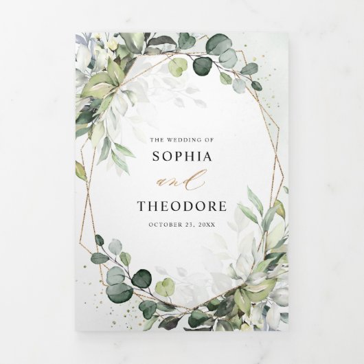 ユーカリとセージのグリーンを使ったモダンな幾何学的なウェディング 三つ折り案内状 (カバー)