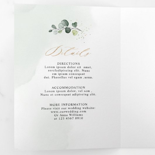 ユーカリとセージのグリーンを使ったモダンな幾何学的なウェディング 三つ折り案内状 (内部最初)