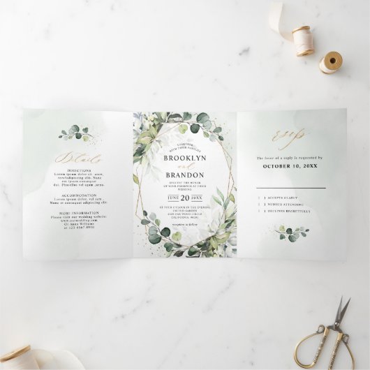 ユーカリとセージのグリーンを使ったモダンな幾何学的なウェディング 三つ折り案内状 (内部)