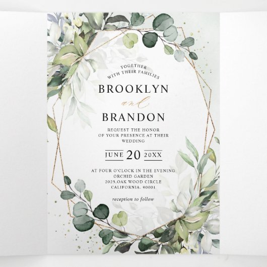 ユーカリとセージのグリーンを使ったモダンな幾何学的なウェディング 三つ折り案内状 (内部中)