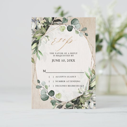 ユーカリとセージのグリーン モダン幾何学 ウェディング 出欠カード (スタンド正面)