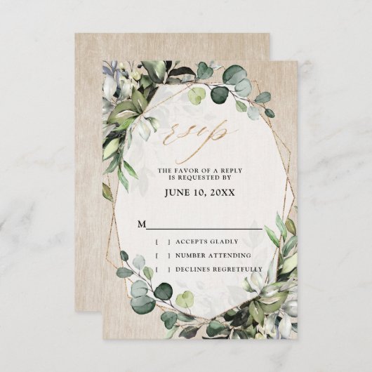ユーカリとセージのグリーン モダン幾何学 ウェディング 出欠カード (正面/裏面)