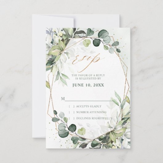 ユーカリとセージのグリーン モダン幾何学 ウェディング 出欠カード (正面)