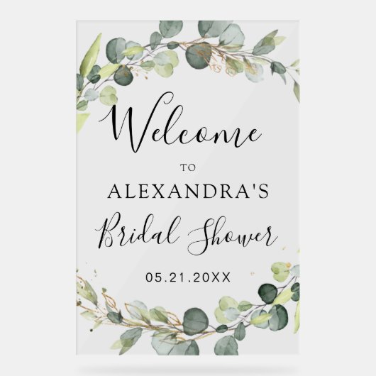 ユーカリとセージグリーンの花のブライダルシャワー アクリルサイン (正面)