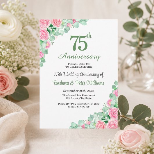 ユーカリとバラの75回目結婚記念日 招待状