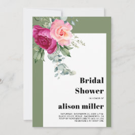 ユーカリとピンクのバラのブライダルシャワー 招待状