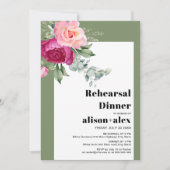ユーカリとピンクのバラの結婚リハーサルのディナー 招待状 (正面)