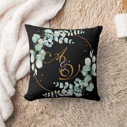 ユーカリとブラックパーソナライズされたの結婚金ゴールド クッション (ブランケット)