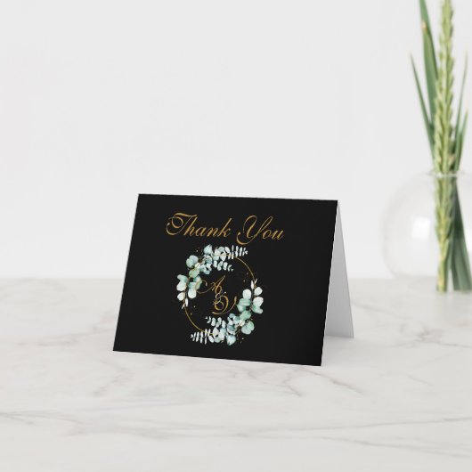 ユーカリとブラックパーソナライズされたの結婚金ゴールド サンキューカード (正面)