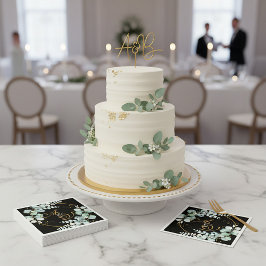 ユーカリとブラックパーソナライズされたの結婚金ゴールド スタンダードカクテルナプキン