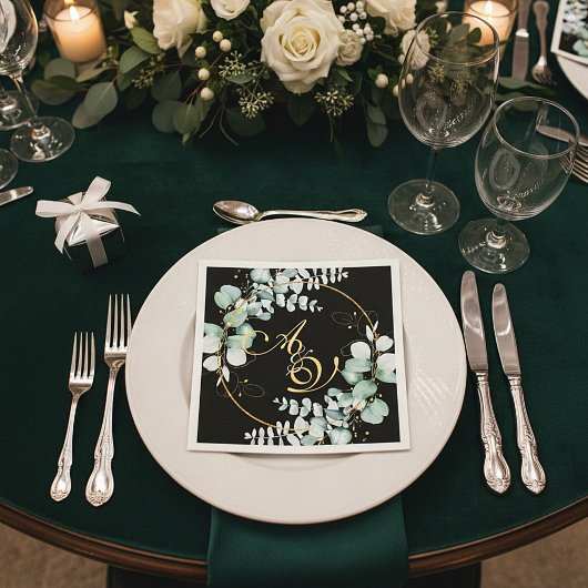 ユーカリとブラックパーソナライズされたの結婚金ゴールド スタンダードカクテルナプキン