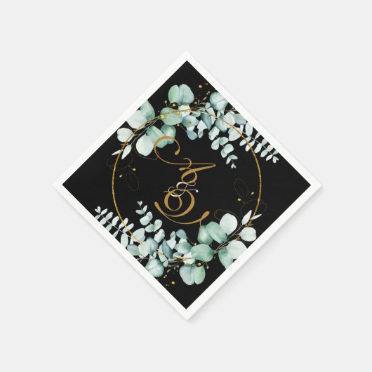 ユーカリとブラックパーソナライズされたの結婚金ゴールド スタンダードカクテルナプキン (角)