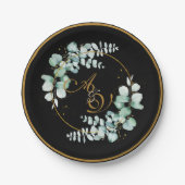 ユーカリとブラックパーソナライズされたの結婚金ゴールド ペーパープレート (正面)
