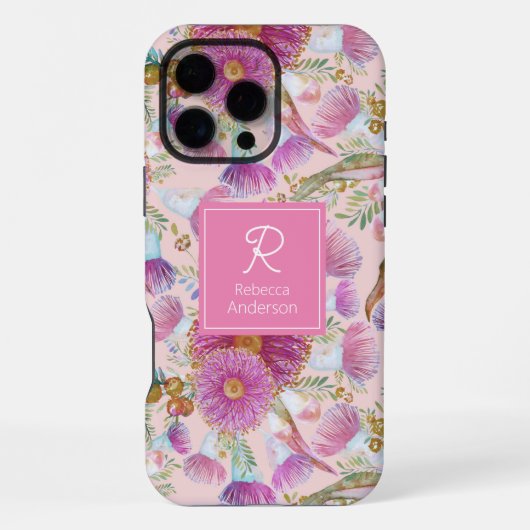 ユーカリとミモザのピンクの花 iPhoneケース (裏面)