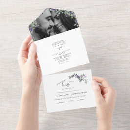 ユーカリとラベンダーのシンプルな2枚の写真の結婚式  オールインワン招待状