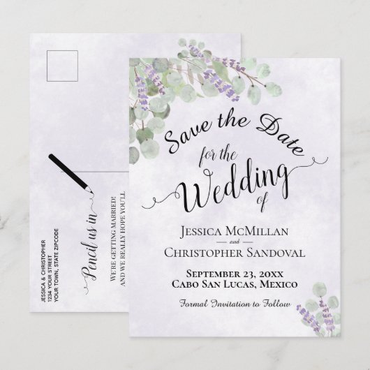 ユーカリとラベンダーの紫の結婚式Save the Date 案内ポストカード (正面/裏面)