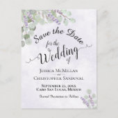ユーカリとラベンダーの紫の結婚式Save the Date 案内ポストカード (正面)