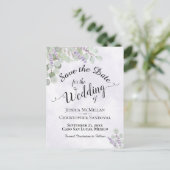 ユーカリとラベンダーの紫の結婚式Save the Date 案内ポストカード (スタンド正面)