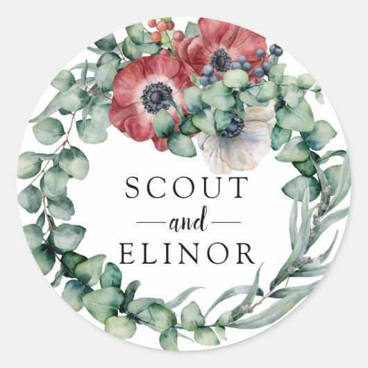 ユーカリとレッドフローラ結婚式の引き出物 ラウンドシール (正面)