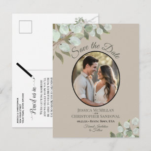 ユーカリと写真のタンベージュの結婚式セーブザデート 案内ポストカード