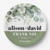 ユーカリと白い花タイポグラフィ結婚ズ ペーパープレート (正面)