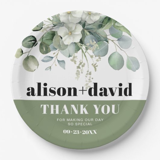 ユーカリと白い花タイポグラフィ結婚ズ ペーパープレート (正面)