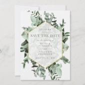 ユーカリと緑の水の色日付を保存 招待状 (正面)